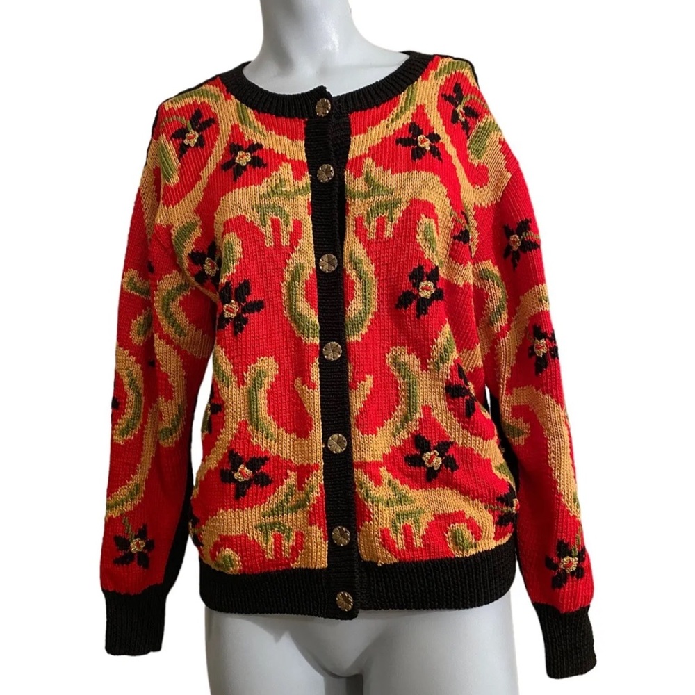 Vtg S Berek Hand knit cardigan brightly‎ colored metallic accents